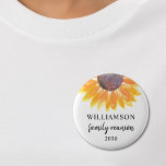 Family Reunion Souvenir 6 Cm Round Badge<br><div class="desc">This sunflower family reunion button makes a lovely keepsake for your family get-together.
Easily customisable. 
Use the Customise Further option to change the text size,  style,  or colour.
Because we create our own artwork you won't find this exact image from other designers. 
Original Watercolor © Michele Davies.</div>