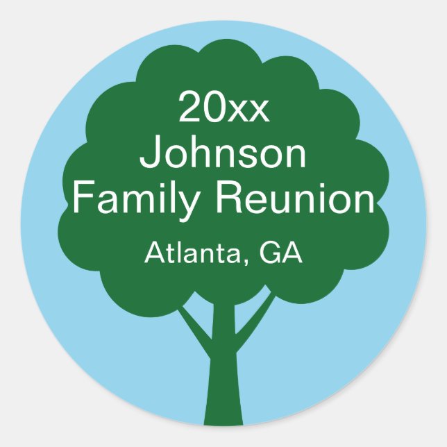 Family Reunion Souvenir with Name, Tree & Year Classic Round Sticker (Front)