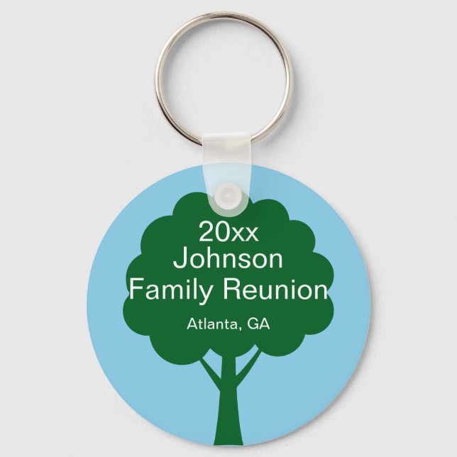 Family Reunion Souvenir with Name, Tree & Year Key Ring (Front)