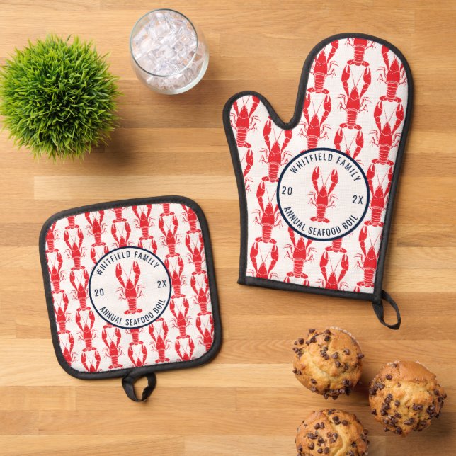 Family Reunion Summer Annual Seafood Boil Custom Oven Mitt & Pot Holder Set (Top Down)