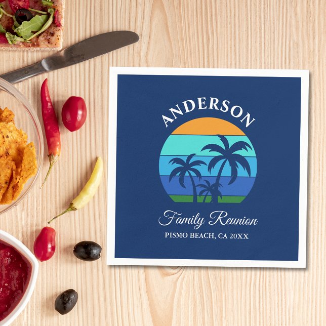 Family Reunion Summer Beach Palm Trees Blue Paper Napkin (Customize to change text size, style or background color.)