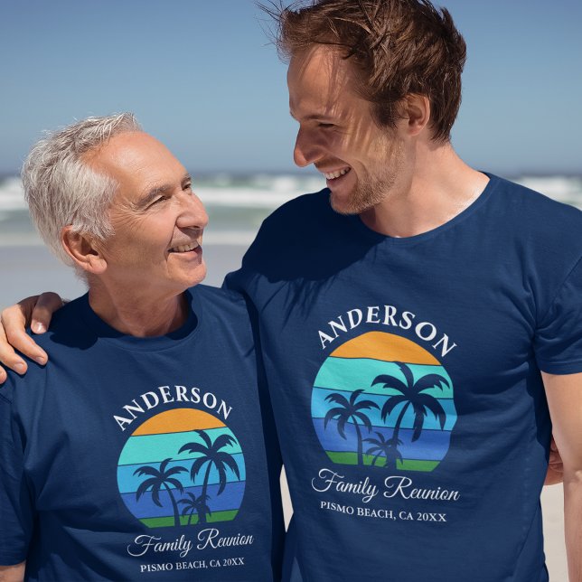 Family Reunion Summer Beach Palm Trees Blue T-Shirt (Choose from several shirt sizes and colors.)