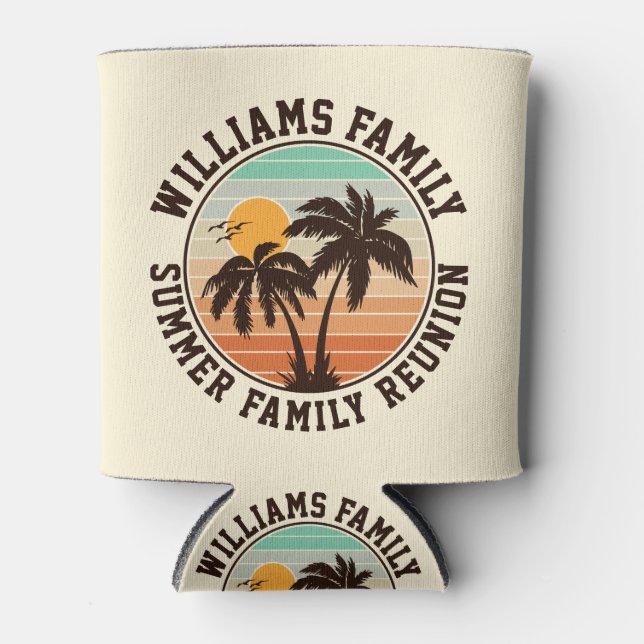 Family Reunion Summer Sunset Beach Palm Tree Can Cooler (Front)