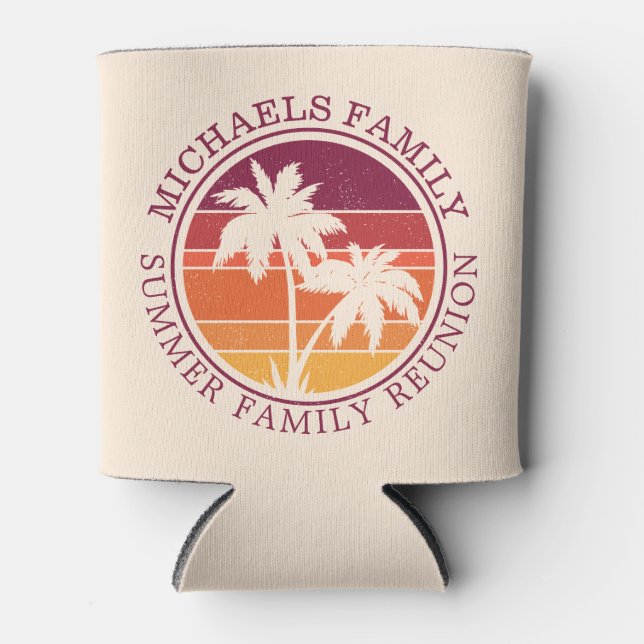 Family Reunion Summer Sunset Beach Palm Tree Can Cooler (Front)