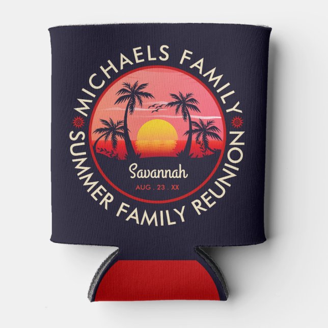 Family Reunion Summer Sunset Beach Palm Tree Can Cooler (Front)