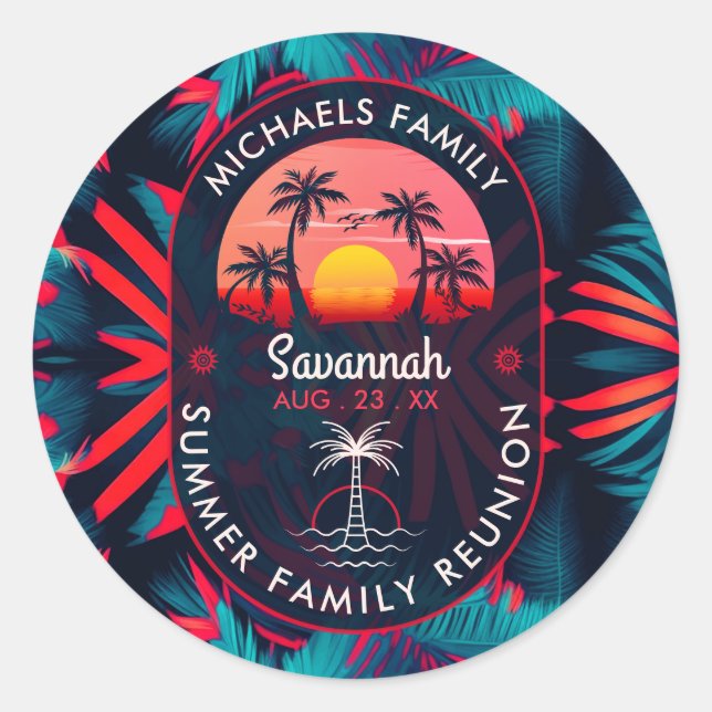 Family Reunion Summer Sunset Beach Palm Tree Classic Round Sticker (Front)