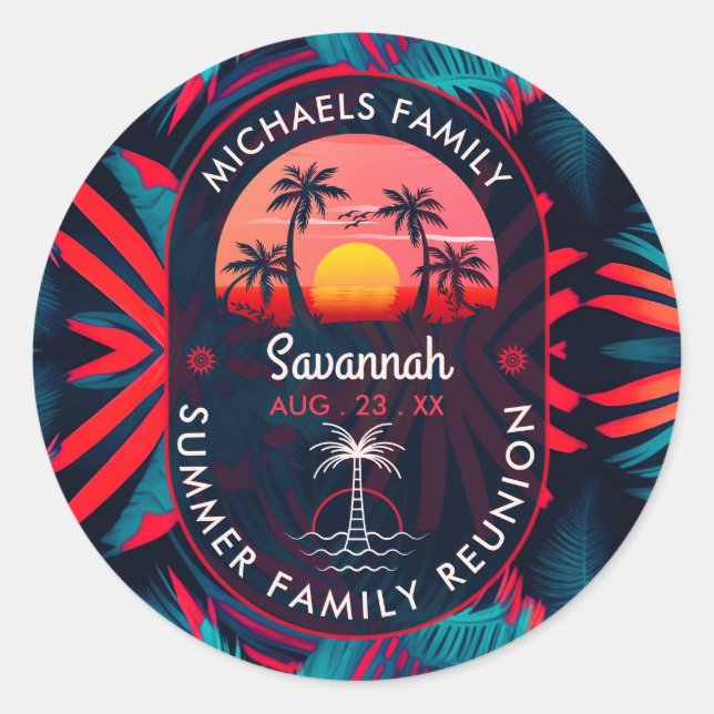 Family Reunion Summer Sunset Beach Palm Tree Classic Round Sticker (Front)