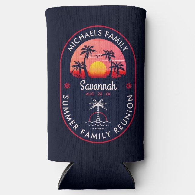 Family Reunion Summer Sunset Beach Palm Tree Seltzer Can Cooler (Front)