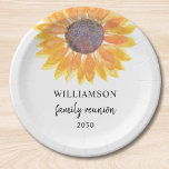 Family Reunion Sunflower Paper Plate<br><div class="desc">This family reunion paper plate is decorated with a yellow watercolor sunflower.
Easily customisable. 
Use the Customise Further option to change the text size,  style,  or colour.
Because we create our artwork you won't find this exact image from other designers. 
Original Watercolor © Michele Davies.</div>
