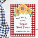 Family Reunion Sunflower Save The Date  Announcement Postcard<br><div class="desc">Are you planning a family reunion?
Let your family know the reunion date with these charming Save The Date postcards. 
They are decorated with watercolor sunflowers and foliage on a red check background.
Easily customisable.
Original Watercolor © Michele Davies.</div>