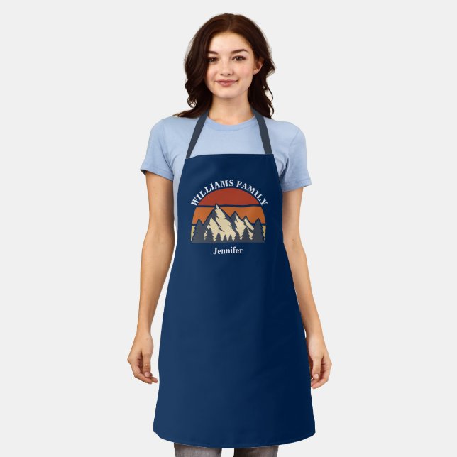 Family Reunion Sunset Mountain Blue Monogrammed Apron (Worn)