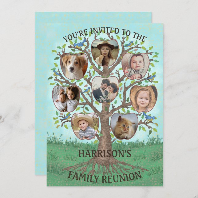 Family Reunion Tree 8 Photo Collage Custom Party Invitation (Front/Back)