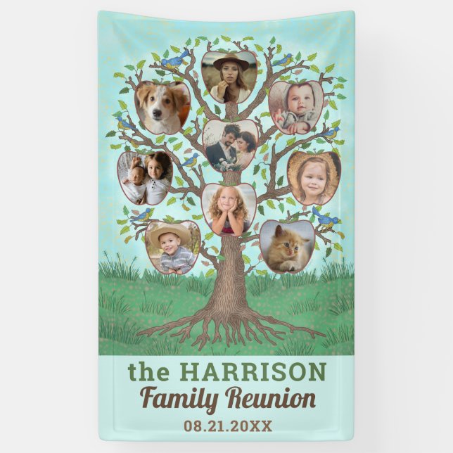 Family Reunion Tree 9 Photo Collage Custom Party Banner (Vertical)