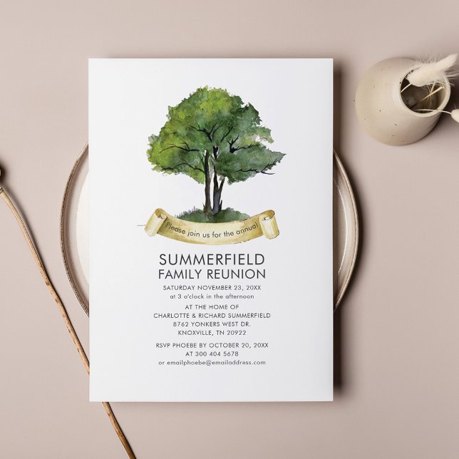 Family Reunion Tree Ribbon Watercolor Typography Invitation (Creator Uploaded)
