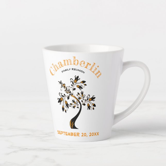 Family Reunion Trendy Orange Floral Tree Artwork Latte Mug (Right)