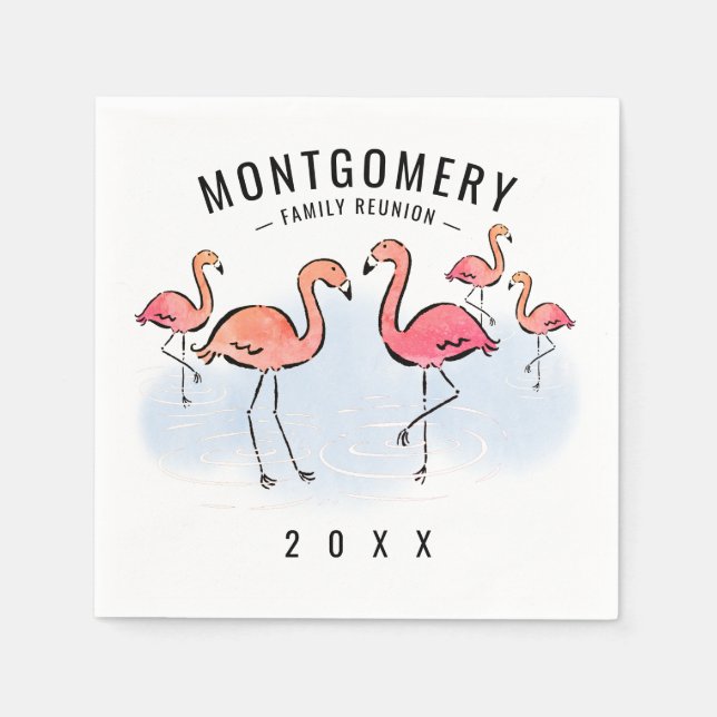 Family Reunion Tropical Pink Flamingo Custom Name Napkin (Front)