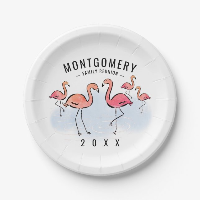 Family Reunion Tropical Pink Flamingo Custom Name Paper Plate (Front)