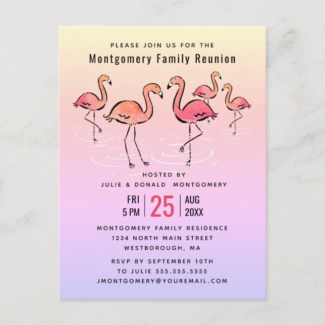 -Family Reunion Tropical Watercolor Flamingo Invitation Postcard (Front)