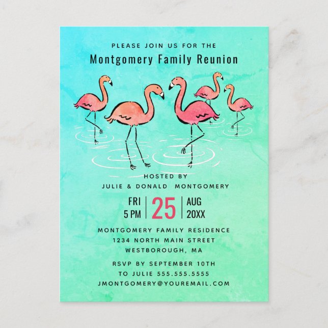 -Family Reunion Tropical Watercolor Flamingo Invitation Postcard (Front)