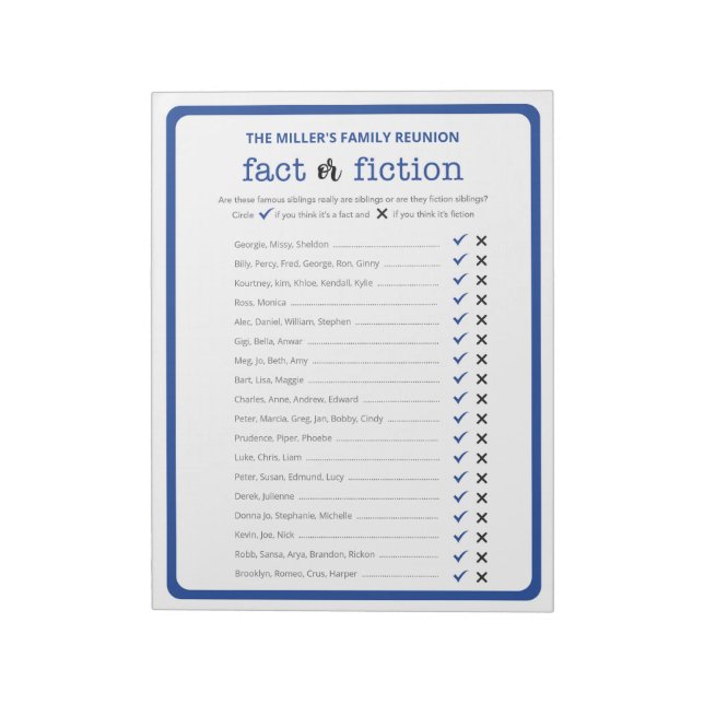 Family Reunion True or False Trivia Game Notepad (Rotated)