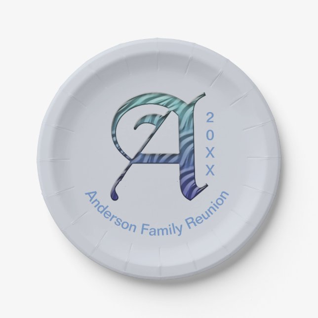 Family Reunion Unique Blue Letter A Monogram Paper Plate (Front)