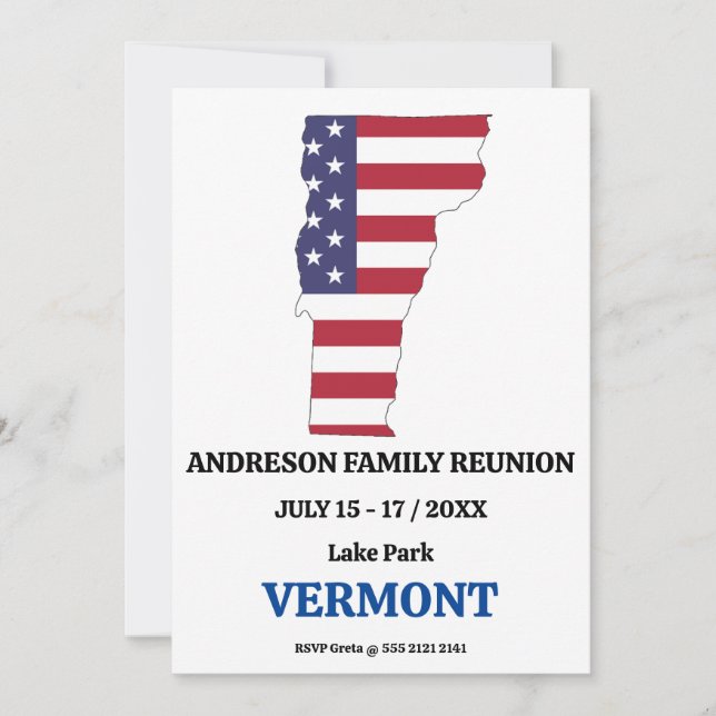 Family Reunion 🎉 VERMONT State Map USA Flag  Invitation (Front)