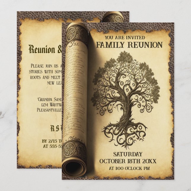 Family Reunion - Vintage Family Tree Scroll Invitation (Front/Back)