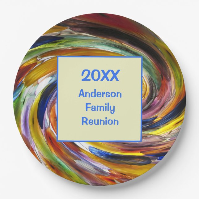 Family Reunion Vivid Tie Dye Swirl Abstract Event Paper Plate (Front)