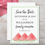 Family Reunion Watermelon Save The Date  Announcement Postcard<br><div class="desc">This summer Family Reunion Save The Date postcard is decorated with watercolor watermelons.
Easily customisable.
Use the Design Tool to change the text size,  style,  or colour.
Because we create our artwork you won't find this exact image from other designers.
Original Watercolor © Michele Davies.</div>