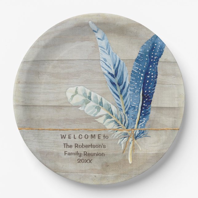 Family Reunion Wood Fence Board w Feather Paper Plate (Front)