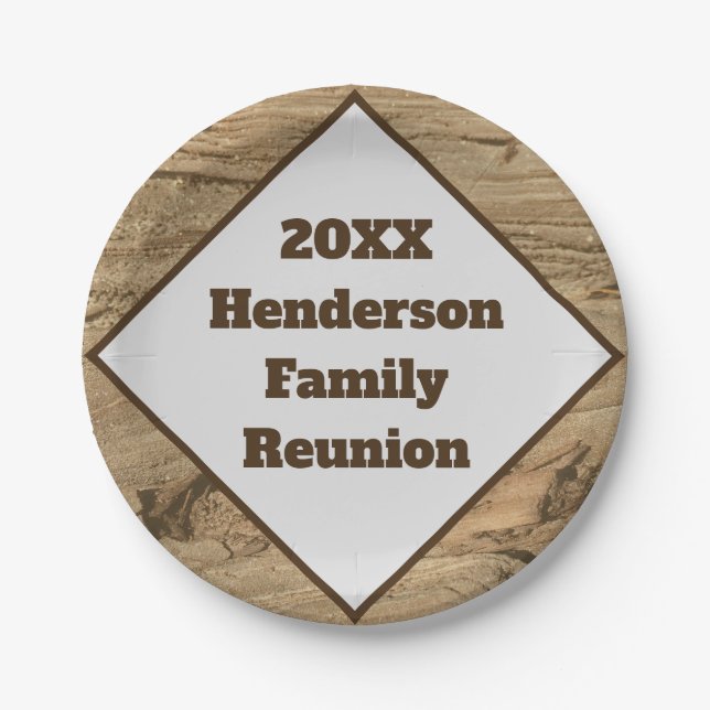 Family Reunion Year and Last Name Wood Grain Paper Plate (Front)