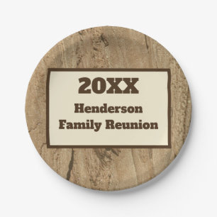 Family Reunion Year and Last Name Woodgrain Paper Plate