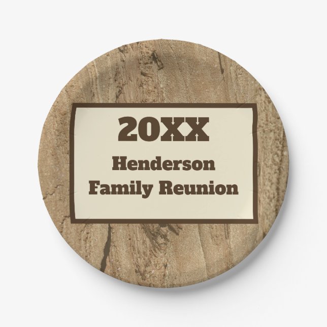 Family Reunion Year and Last Name Woodgrain Paper Plate (Front)