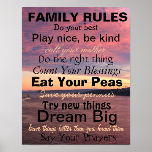 FAMILY RULES, Words of Wisdom, Ocean Sunset Poster