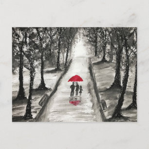 Family Rustic red umbrella black and white Postcard