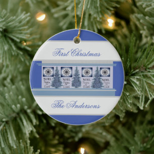 Family’s First Christmas in blues personalised Ceramic Tree Decoration