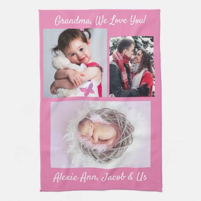 Family says, "I Love You" Grandma Personalise Pink Tea Towel (Vertical)