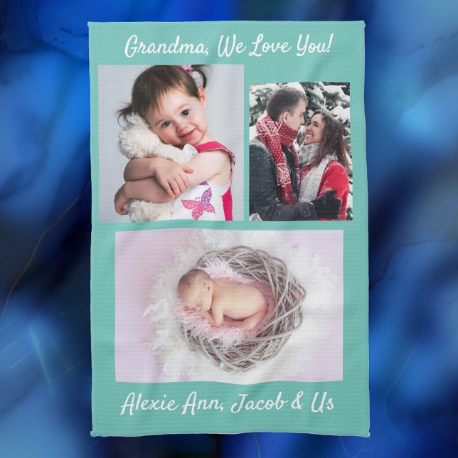 Family says, "I Love You" Grandma Personalise Teal Tea Towel (Creator Uploaded)