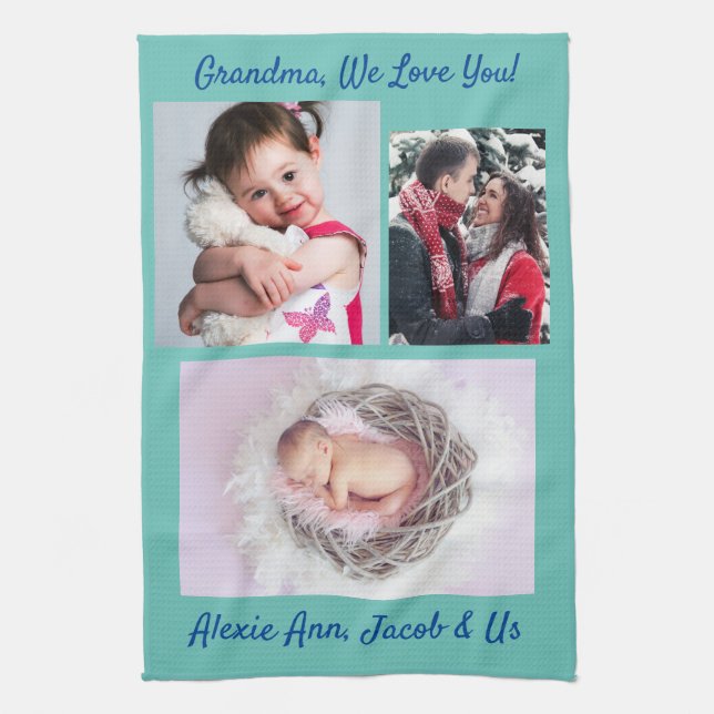 Family says, "I Love You" Grandma Personalise Teal Tea Towel (Vertical)