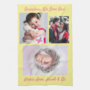 Family says, "We Love You" Grandma DIY 3 Pics Yel. Tea Towel