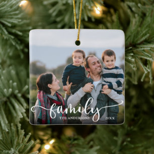 Family Script Calligraphy Photo Christmas Ceramic Ornament