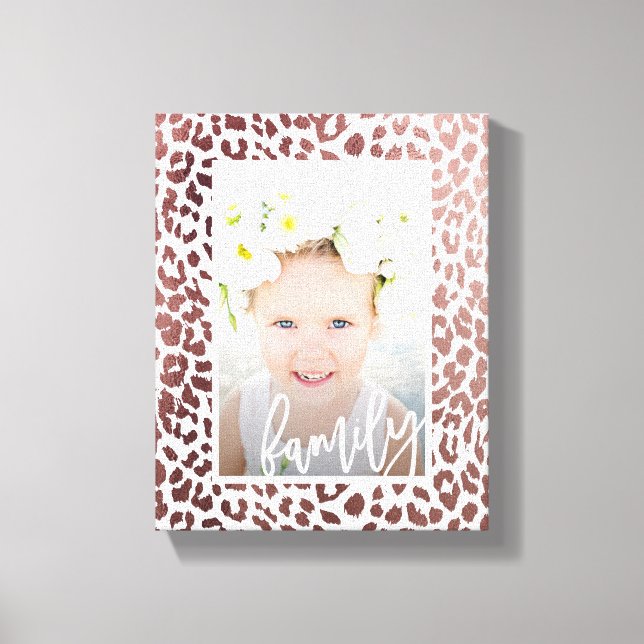 Family Script Faux Rose Gold Leopard Print Photo (Front)