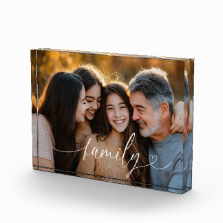 Family Script Heart Photo Acrylic Block