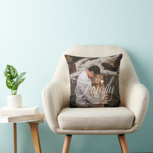 Family Script Heart Text Overlay 2 Photos Cushion