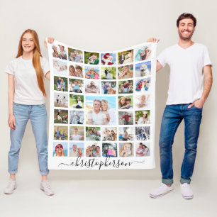 Family Script Name 39 Photo Collage White Fleece Blanket