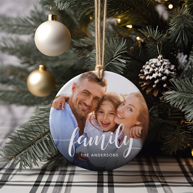 Family Script Overlay Photo & Name Ceramic Tree Decoration (Creator Uploaded)