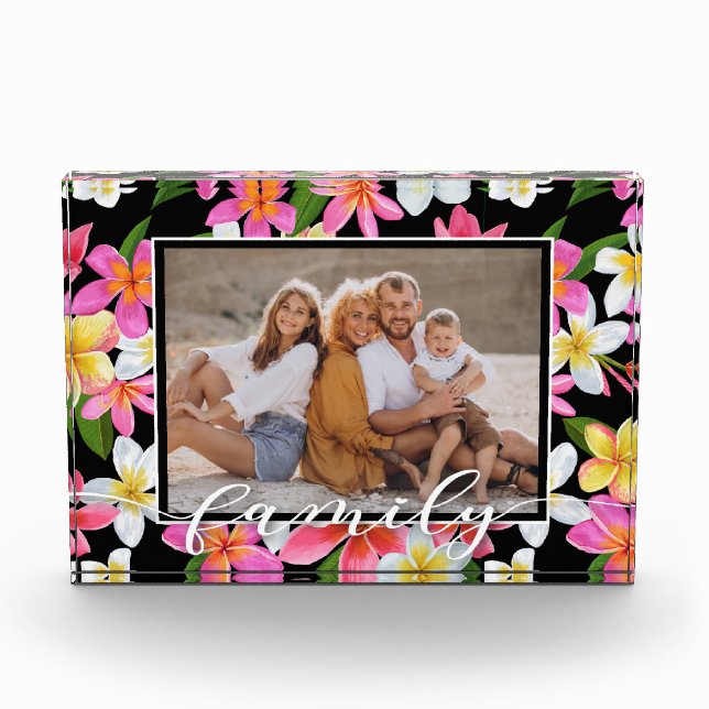 FAMILY Script Overlay Tropical Floral Photo Block (Front)