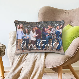 Family Script Text Overlay Cute Photo Decorative Cushion