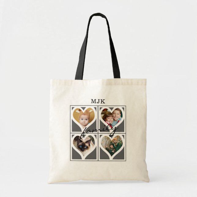 FAMILY Script Title Photo Collage Monogram Name Tote Bag (Front)