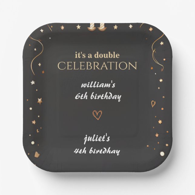 family Sibling Black simple modern Joint Birthday Paper Plate (Front)